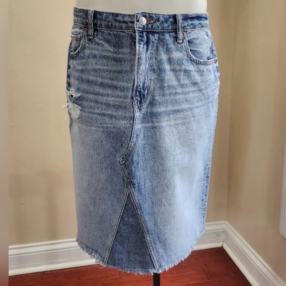 American Eagle knee length distressed denim skirt